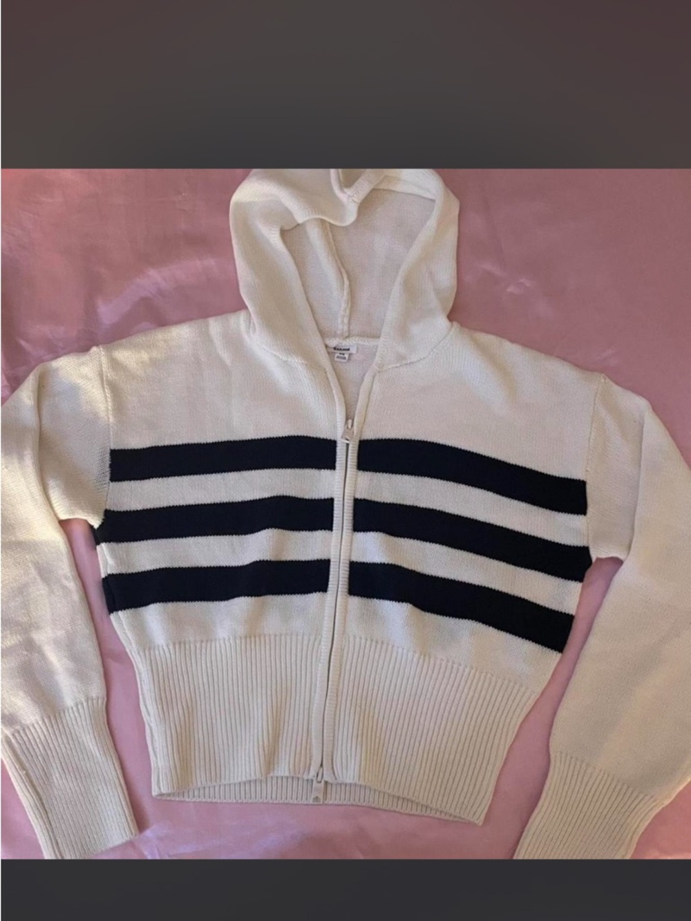 Garage Cream Zip-Up Hoodie Sweater with Navy Stripes
